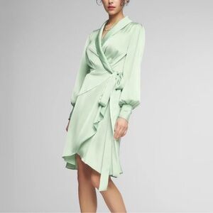 WHBM white house black market satin sage wrap mini dress knee mint 6 ruffle